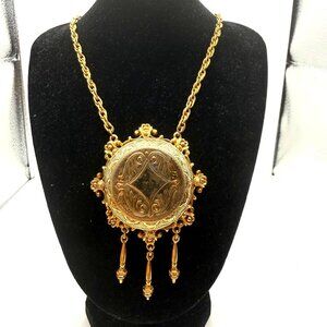 Vintage Florenza Gold Tone Ornate Locket Necklace Victorian Revival Statement